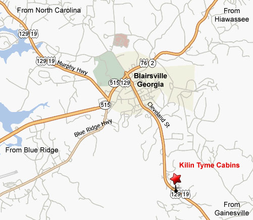 Location Map showing Kilin Tyme Cabins in Blairsville, Georgia